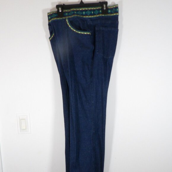 ANN TRINITY Blue Denim Jeans Green and Teal Embroidered Wide Waistband 16 - Picture 8 of 9